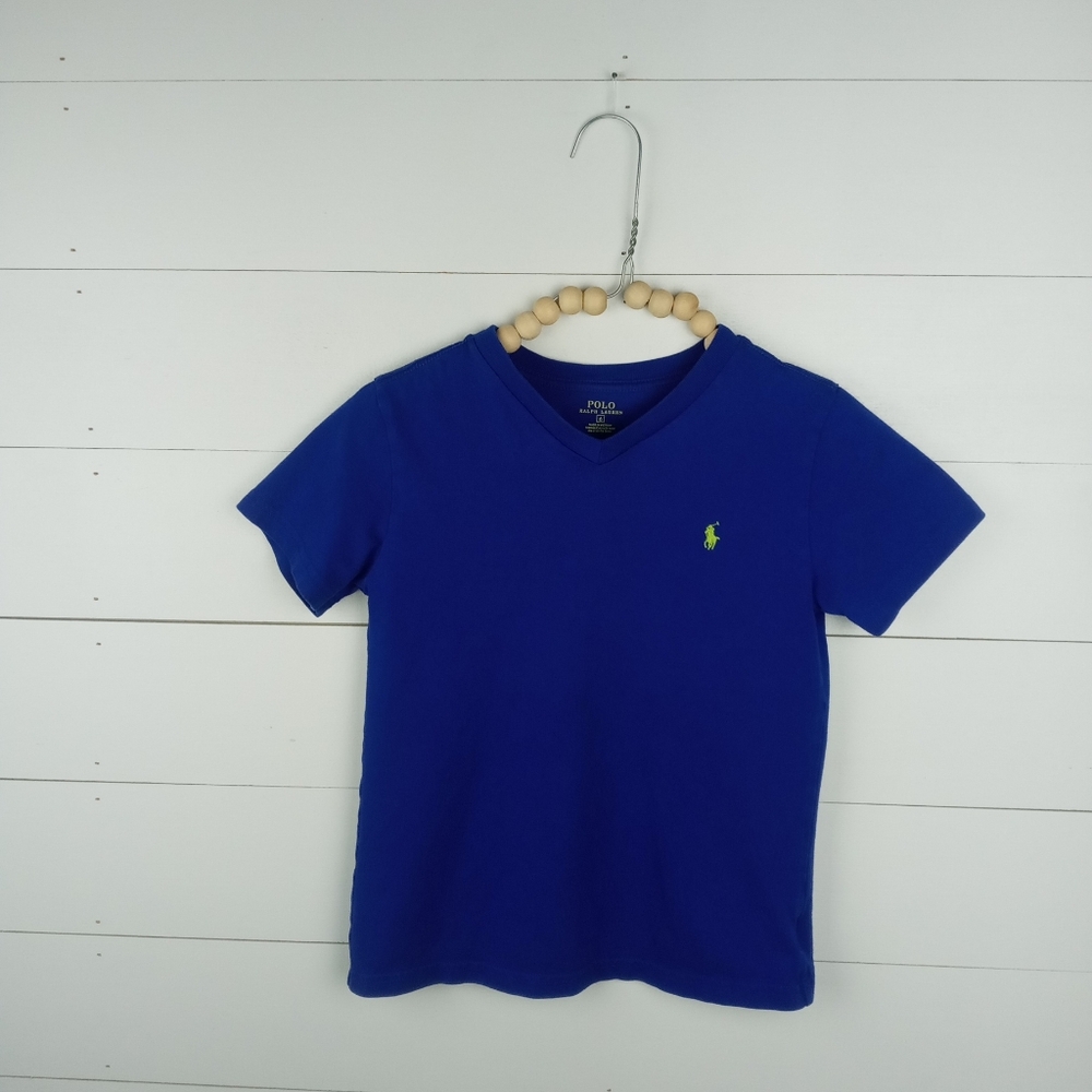 Polo Ralph Lauren boys size 6 royal blue vneck tshirt with bright green logo